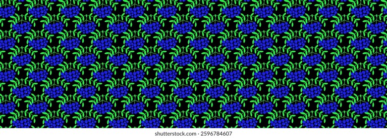 Green, blue and black seamless pattern. Rowan berry. Vector background for banner, poster, festival and parties