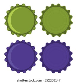 Green and blue bottle caps isolated on white background