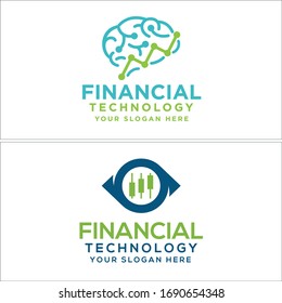 Green blue brain dot line eye and price action bar trading inside line vector symbol icon logo design suitable for technology fin tech startup accounting financial growth economy business 