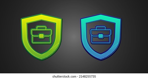 Green and blue Briefcase with shield icon isolated on black background. Insurance concept. Security, safety, protection, protect concept.  Vector