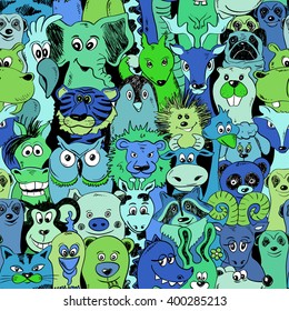 Green blue bright psychedelic seamless pattern with funny animals. Abstract graphic animal background.