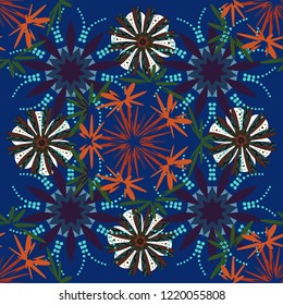 Green, blue and brown colors vector seamless pattern with many flowers.