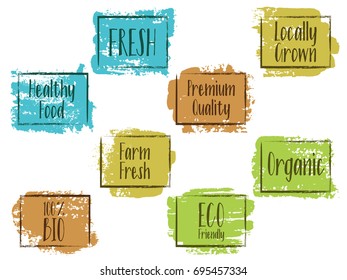 Green, blue and brown vector organic labels, bio emblems collection for menu or natural products, food packaging. Fresh, vegan, eco friendly, premium quality, locally grown, healthy food stickers.