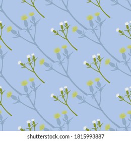 Green and blue burdock branches silhouettes seamless hand drawn pattern. Pastel tones artwork with white and yellow buds. Great for wallpaper, textile, wrapping paper, fabric. Vector illustration.