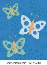 Green and blue butterflies over pattern background