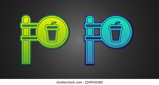 Cafetería verde y azul e icono de la ubicación del restaurante aislado de fondo negro. Señal de la horquilla y de la cuchara en el interior del pinpoint.  Vector.