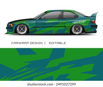 Green and blue car wrap with geometric shapes suitable for vehicle branding, advertising, or custom car design projects. Eyecatching and modern.