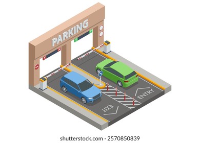 Green and Blue Cars at Parking Entry. Isometric vector image of a parking entrance with a Parking sign. Green and blue cars navigate entry and exit lanes with barriers and road signage