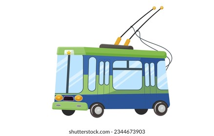 Green, blue cartoon trolleybus, city public vehicle, bus, transport, street urban trolley, passenger, auto, technology, electric automobile. Isolated on white background. Vector illustration.