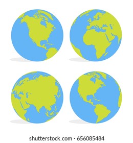 Green and blue cartoon world map globe set vector illustration.