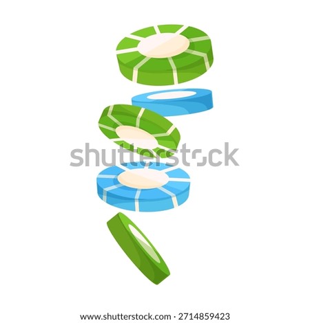 Green and blue casino chips falling in mid-air, cartoon graphic style, isolated on white background. Concept of gambling or luck. Vector illustration