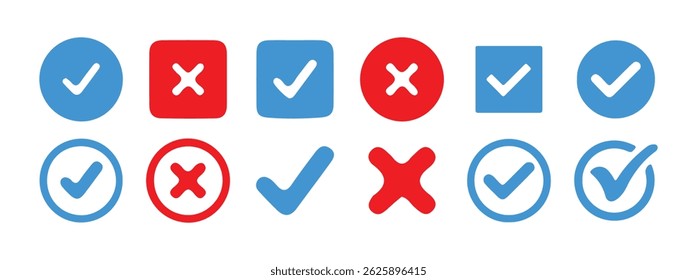 Marca de seleção verde e azul, conjunto de ícones de marca de cruz vermelha. Símbolos isolados de tique, sinais de lista de verificação, emblema de aprovação, ilustração Victor.