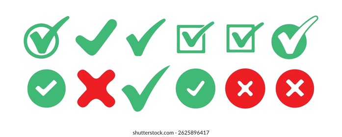 Grünes und blaues Häkchen, rotes Kreuz Symbol gesetzt. Einzeln markierte Häkchen, Checklistenzeichen, Genehmigungszeichen, Victor-Illustration.