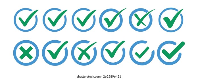 Green and  Blue check mark, red cross mark icon set. Isolated tick symbols, checklist signs, approval badge, Victor illustration.