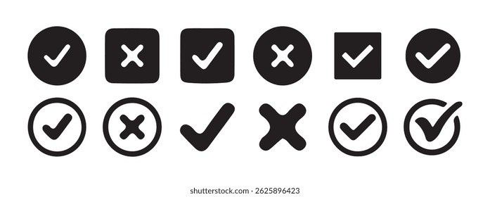 Green and  Blue check mark, red cross mark icon set. Isolated tick symbols, checklist signs, approval badge, Victor illustration.