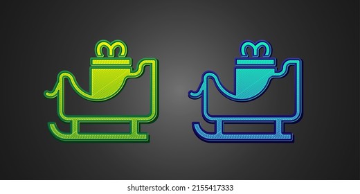 Green and blue Christmas santa claus sleigh with sack bag icon isolated on black background. Merry Christmas and Happy New Year.  Vector
