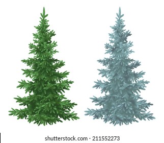 Green and blue Christmas spruce fir trees isolated on white background. Vector