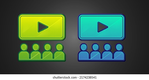 Auditorio de cine verde y azul con icono de pantalla aislado en fondo negro.  Vector