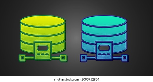 Green and blue Cloud database icon isolated on black background. Cloud computing concept. Digital service or app with data transferring.  Vector