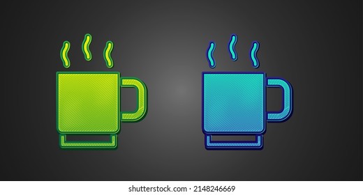 Green and blue Coffee cup icon isolated on black background. Tea cup. Hot drink coffee.  Vector