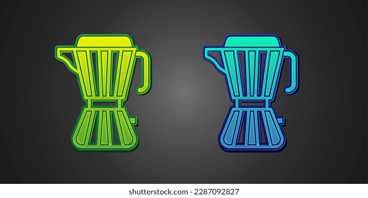 Green and blue Coffee maker moca pot icon isolated on black background.  Vector