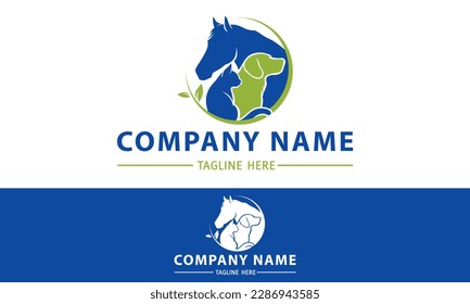 Green and Blue Color Dog cat Horse Circle with Leaf Logo Design