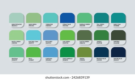 Paleta de guías de colores verde y azul con nombres de colores. Los ejemplos del catálogo son verdes con códigos y nombres de color azul RGB HEX. Paleta de colores de metal Vector, madera y plástico Paleta de colores de la naturaleza, arte de moda