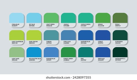 Green and blue Color Guide Palette with Color Names. Catalog Samples are Green with Blue RGB HEX codes and Names. Metal Colors Palette Vector, Wood and Plastic Nature Color Palette, Fashion Trend Art