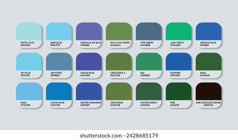 Green and blue Color Guide Palette with Color Names. Catalog Samples are Green with Blue RGB HEX codes and Names. Metal Colors Palette Vector, Wood and Plastic Nature Color Palette, Fashion Trend Art