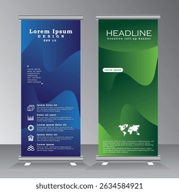 cor verde e azul rolo negócio folheto banner design modelo vertical, fundo da apresentação da capa, publicação moderna x-banner e bandeira-banner, Roll up banner stand