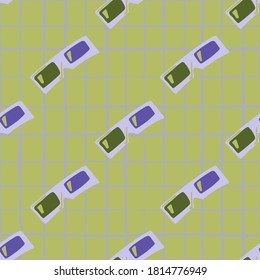 Siluetas de gafas 3D de colores verdes y azules, sin fisuras. Fondo verde suave a cuadros. Excelente para papel de pared, textil, papel envolvente, impresión de tela. Ilustración vectorial.