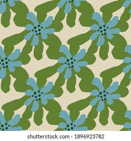Green and blue colored daisy flower seamless pattern in hand drawn style. Light background. Vector illustration for seasonal textile prints, fabric, banners, backdrops and wallpapers.