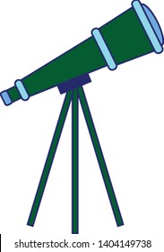 A green and blue colored optical instrument designed to make distant objects appear nearer, containing an arrangement of lenses, is mounted on a tripod, vector, color drawing or illustration.