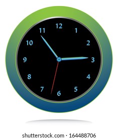 Green and blue colored wall clock. Trendy easy to edit clock vector illustration.