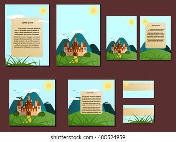 Green and blue colorful brochures, business cards with castle design. Nice and simple illustration