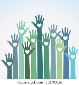 Green blue colorful caring up hands hearts vector logo design element. Volunteers hands up with heart emblem icon for education, health care, medical, volunteer, vote