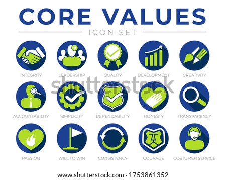 Green Blue Company Core Values Round Web Icon Set. Integrity, Leadership, Quality Development, Creativity, Accountability, Simplicity, Dependability, Transparency, Passion, Courage Customer Service