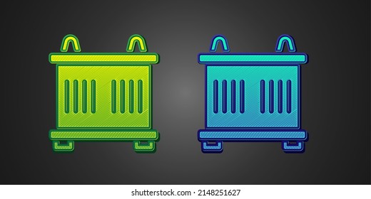 Icono de contenedor verde y azul aislado en fondo negro. Crane levanta un contenedor con carga.  Vector