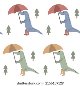 Green and blue crocodile walking with umbrella