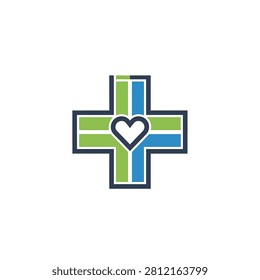 Green and blue cross with heart