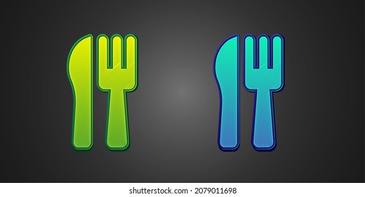 Green and blue Crossed knife and fork icon isolated on black background. Cutlery symbol.  Vector