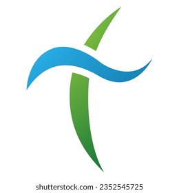 Green and Blue Curvy Sword Shaped Letter T Icon on a White Background