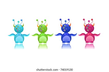 green blue cyan purple cute monster icon set with three eyes and horn isolated on white background