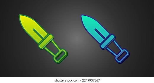 Icono Dagger verde y azul aislado en fondo negro. Icono de cuchillo. Espada con cuchilla afilada.  Vector