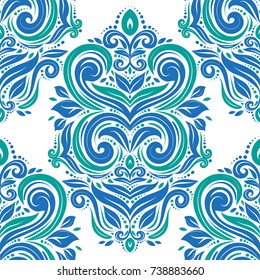 Green and blue damask vector seamless pattern, wallpaper. Elegant classic texture. Luxury ornament. Royal, Victorian, Baroque elements. Great for fabric and textile, wallpaper, or any desired idea.
