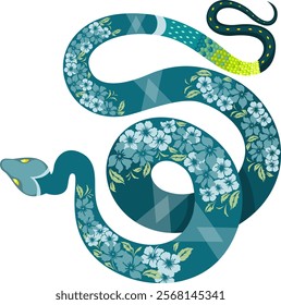 Green and Blue Decorative Snake for Year of the Snake 2025. Vector Illustration Flat Design Isolated On Transparent Background