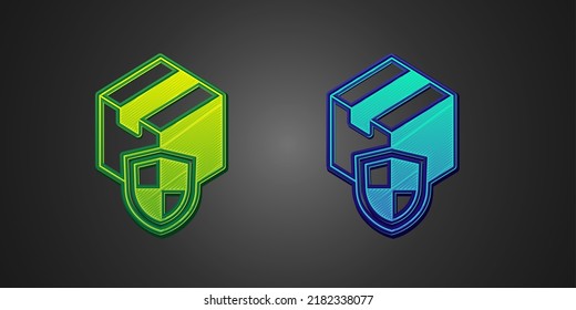 Green and blue Delivery security with shield icon isolated on black background. Delivery insurance. Insured cardboard boxes beyond the shield.  Vector