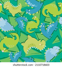 green and blue dinosaurs. Childish seamless pattern with dinosaurs. Background for textile and fabric. Funny cartoon dino seamless pattern. Cute and funny dinosaurs.