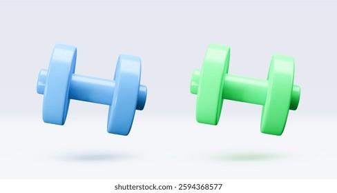 Green, blue Dumbbell Realistic icon, 3d render. Isolated on white backround. Sport And Fitness design set. Vector illustration for shop, flyer, banner, web, advertising, sale