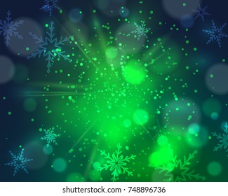 Green, blue dust vector firework explosion with snowflakes and bokeh. Abstract Holiday Light Rays. Christmas design, decor, background. Vector illustration.